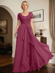 A-line Sweetheart Floor-Length Chiffon Lace Mother of the Bride Dress With Beading Cascading Ruffles