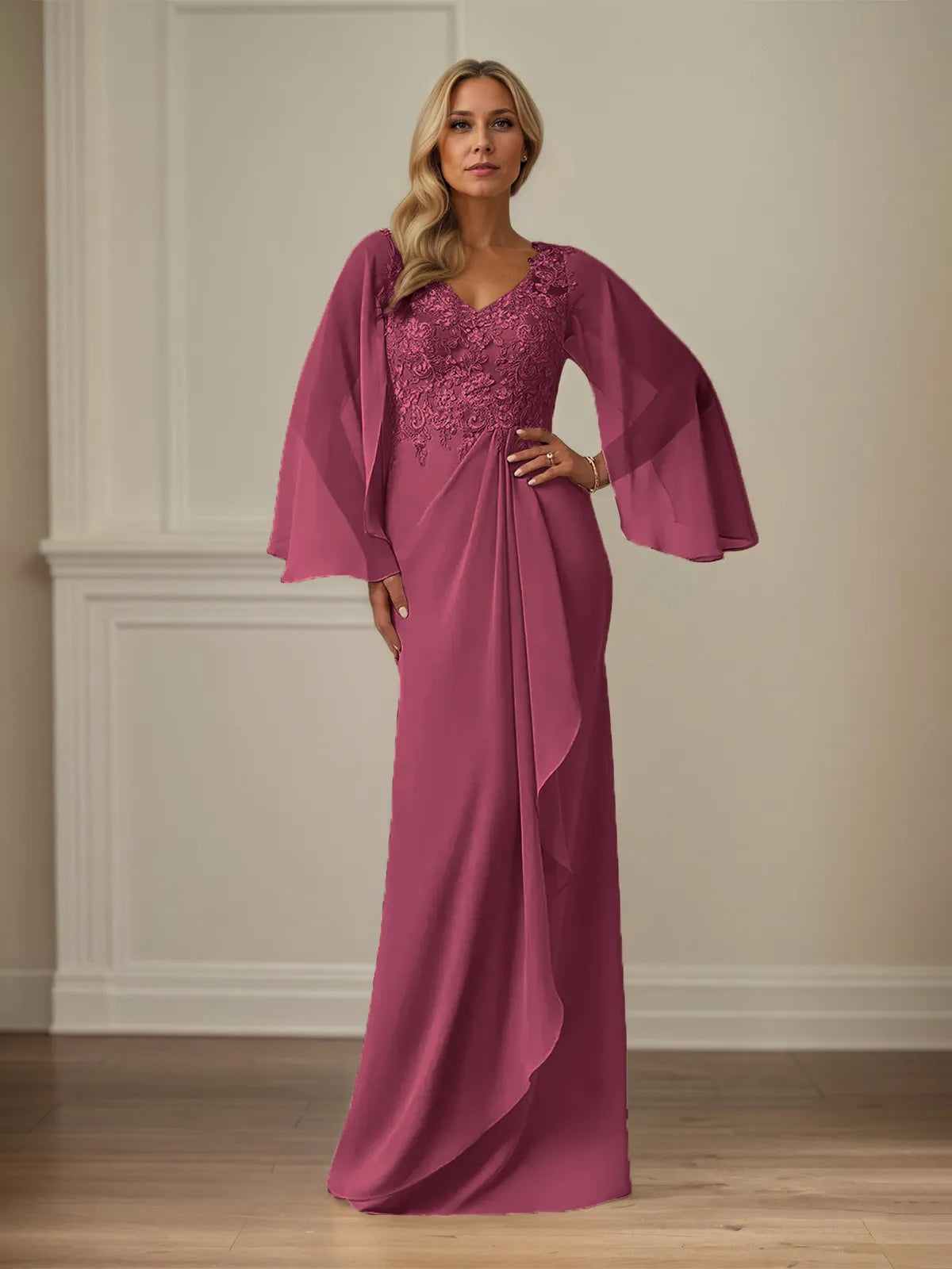 Column Chiffon V Neck Long Sleeves Floor Length Mother of the Bride Dresses With Appliques