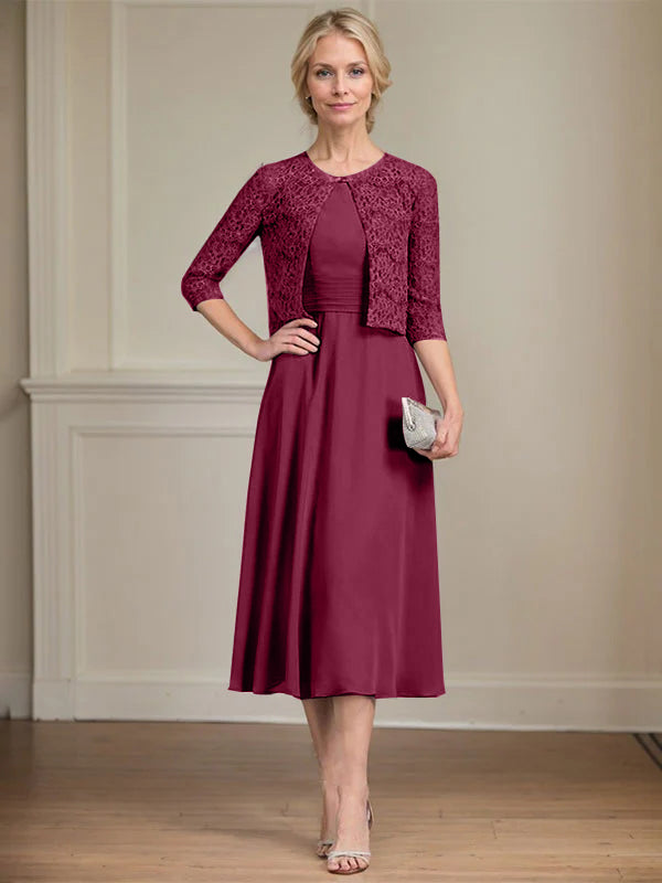 A-line Scoop Tea-Length Chiffon Mother of the Bride Dress With Pleated