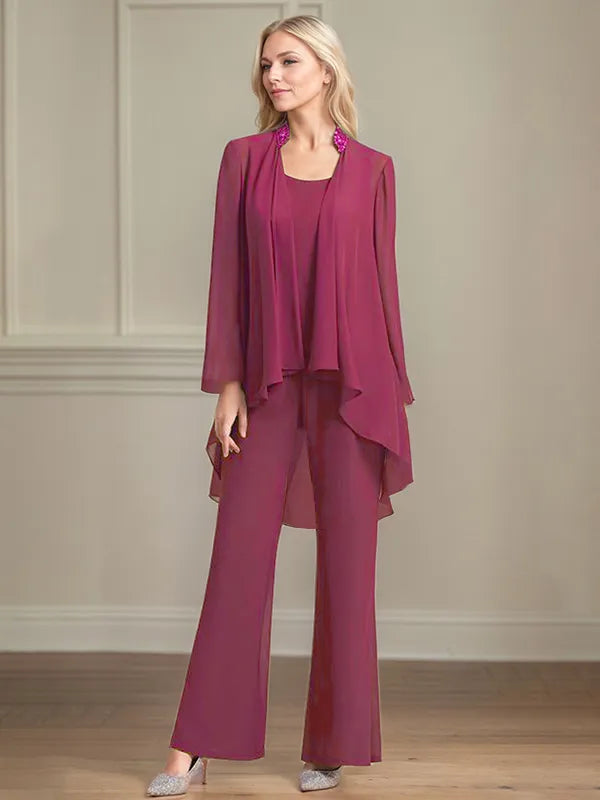 Chiffon Scoop Neck Long Sleeves Floor Length Mother Of The Bride Pantsuits
