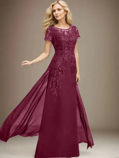 Column Scoop Illusion Floor-Length Lace Chiffon Mother of the Bride Dress With Sequins