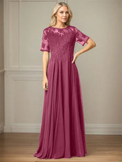 A Line Chiffon Scoop Neck Short Sleeves Floor Length Mother of the Bride Dresses