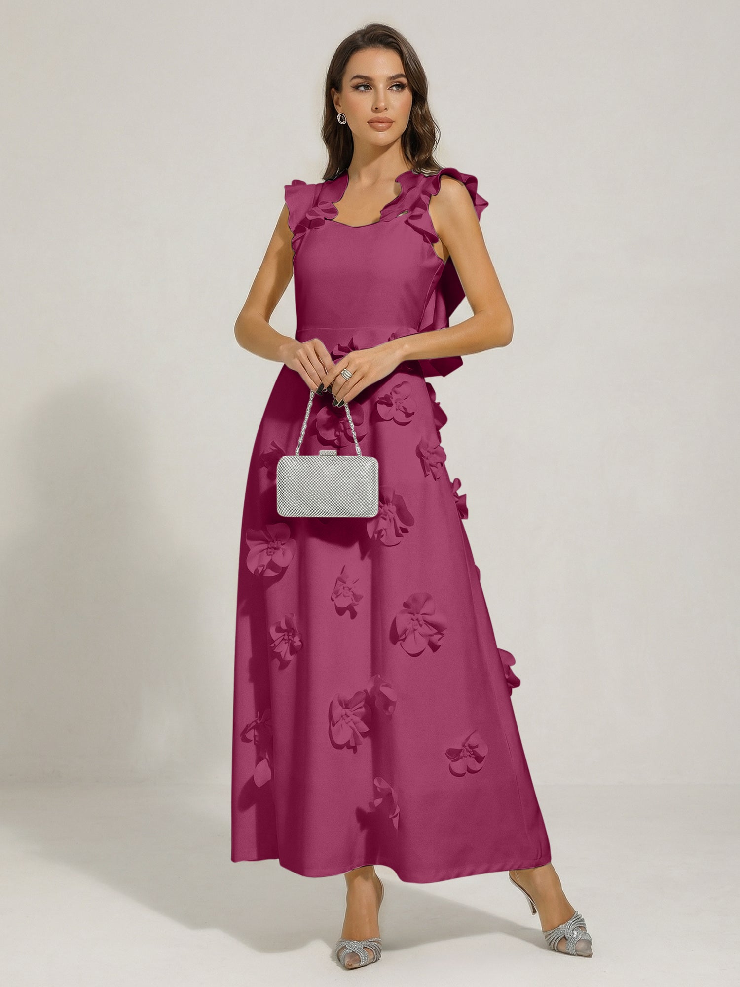 Chic White 3D Flowers A-Line Floor Length Stretch Crepe Dress with Pockets Maxi Dress