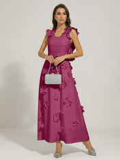 Chic White 3D Flowers A-Line Floor Length Stretch Crepe Dress with Pockets Maxi Dress