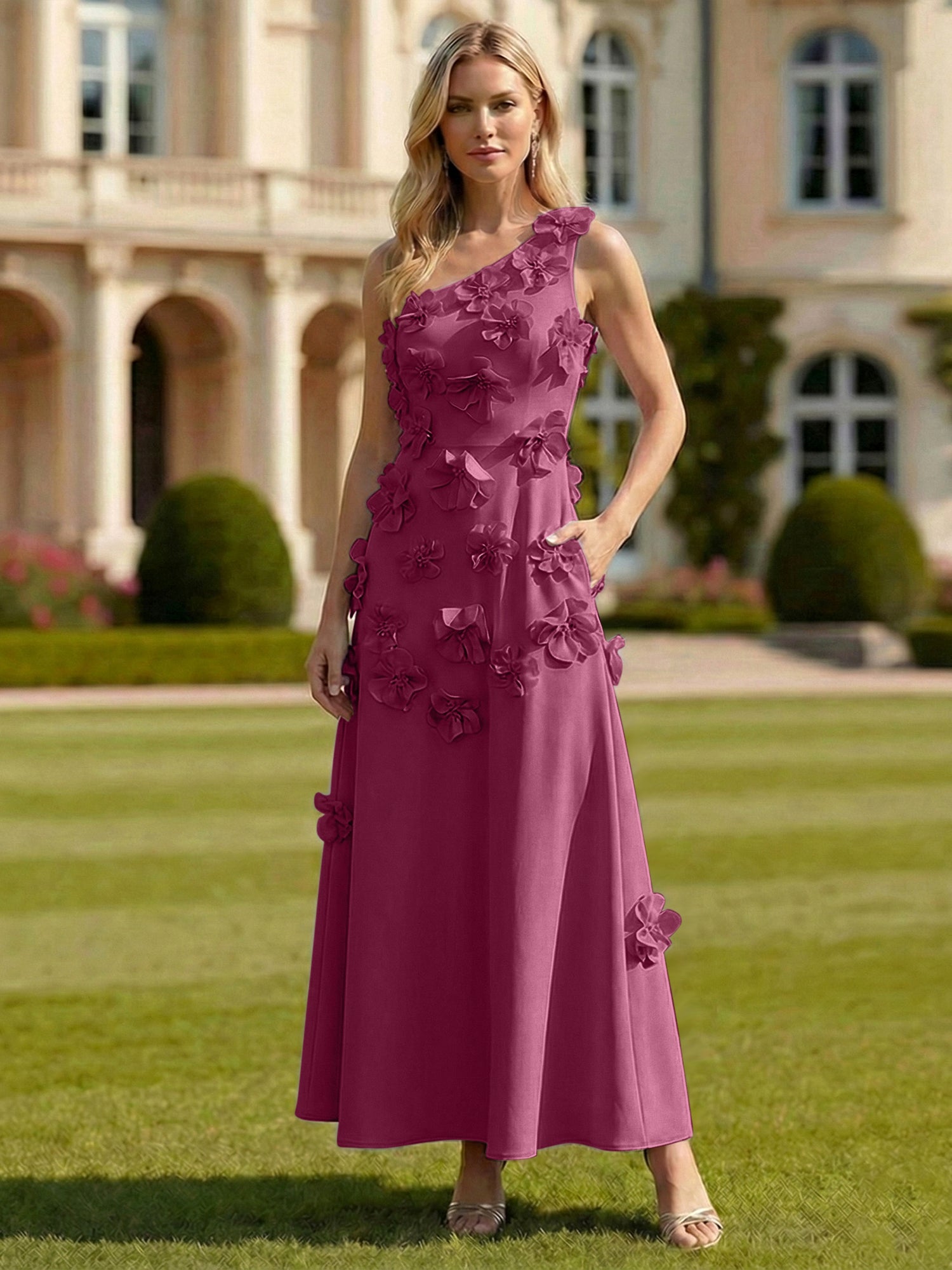 A Line One Shoulder Sleeveless Floor Length Stretch Crepe Dress With 3D Flowers