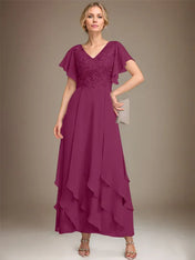 A-line V-Neck Ankle-Length Lace Chiffon Mother of the Bride Dress With Cascading Ruffles