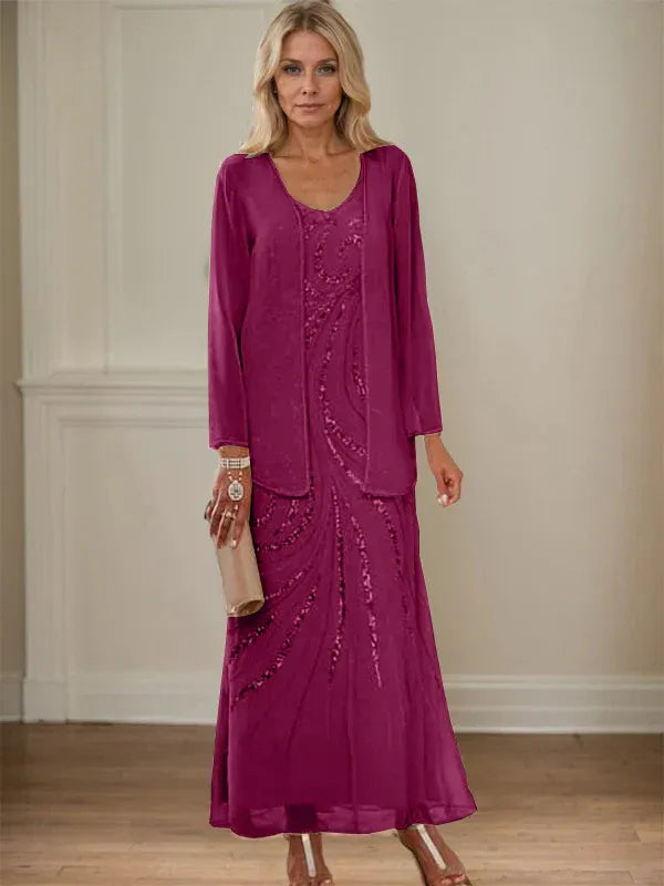Column V-Neck Ankle-Length Mother of the Bride Dresses with Jacket & Sequins