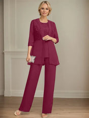 Jumpsuit/Pantsuit Separates Scoop Floor-Length Chiffon Lace Mother of the Bride Dress With Sequins