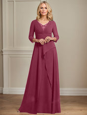 A-line V-Neck Floor-Length Chiffon Mother of the Bride Dress With Pleated Beading