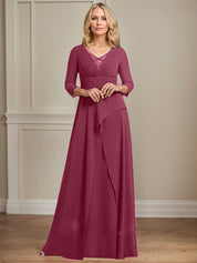 A-line V-Neck Floor-Length Chiffon Mother of the Bride Dress With Pleated Beading