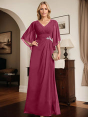 Sheath/Column V-Neck Floor-Length Chiffon Mother of the Bride Dress With Pleated Sequins Beading