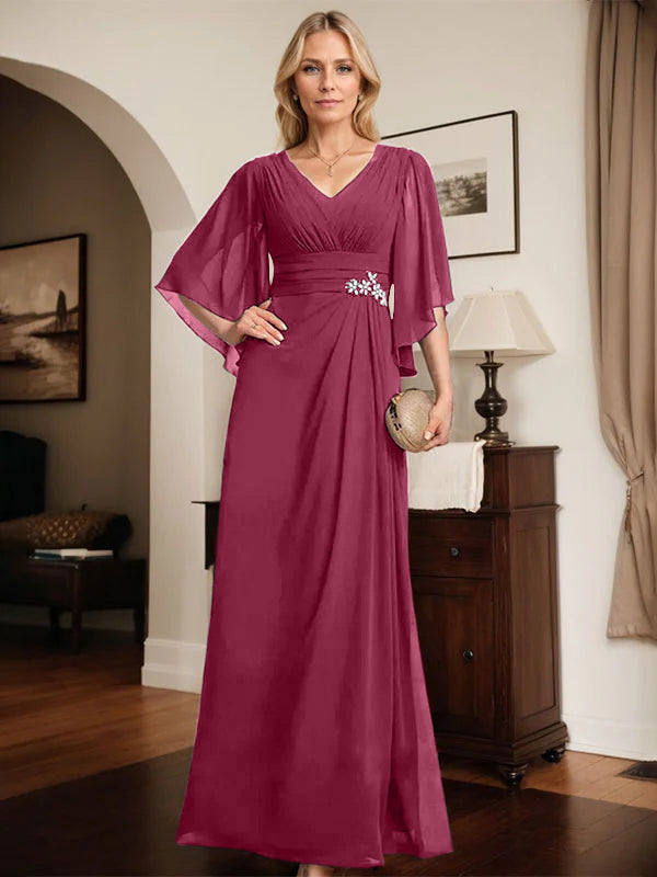 Column V-Neck Floor-Length Chiffon Mother of the Bride Dress With Pleated Sequins Beading