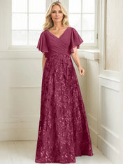 A-line V-Neck Floor-Length Lace Sequin Chiffon Mother of the Bride Dress With Pleated