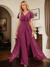Jumpsuit/Pantsuit V-Neck Floor-Length Chiffon Evening Dress