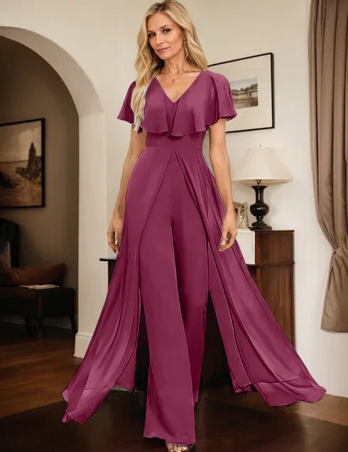 Pantsuit V-Neck Floor-Length Chiffon Evening Dress