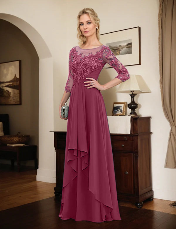 Robe de mère de la mariée trapèze en mousseline de soie et dentelle, longueur au sol, avec volants en cascade 