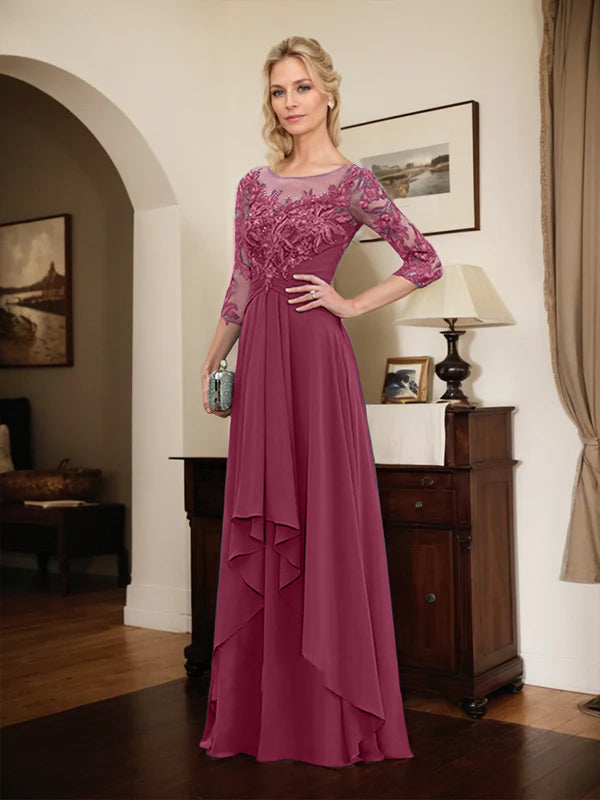 A-line Scoop Illusion Floor-Length Lace Chiffon Mother of the Bride Dress With Cascading Ruffles