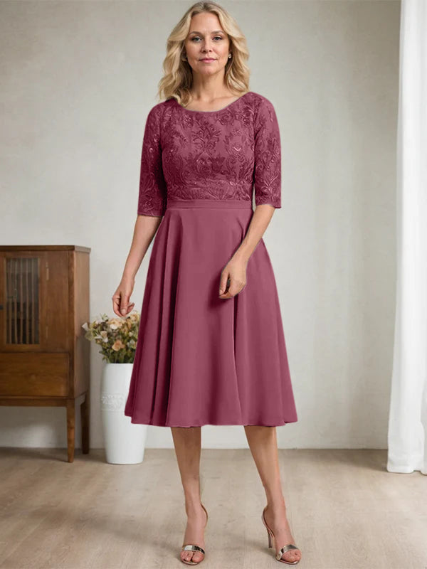 A-line Scoop Knee-Length Lace Chiffon Mother of the Bride Dress