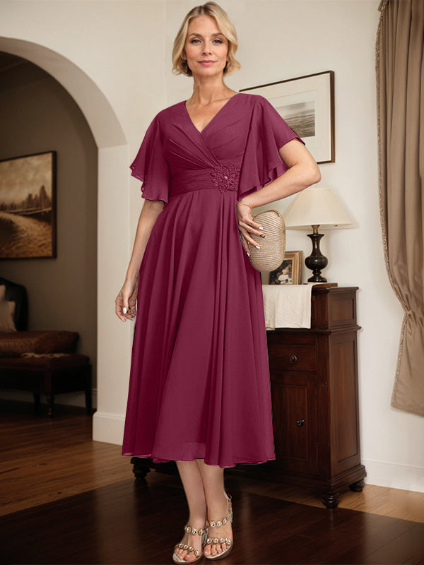 A-line V-Neck Tea-Length Chiffon Mother of the Bride Dress With Pleated Beading