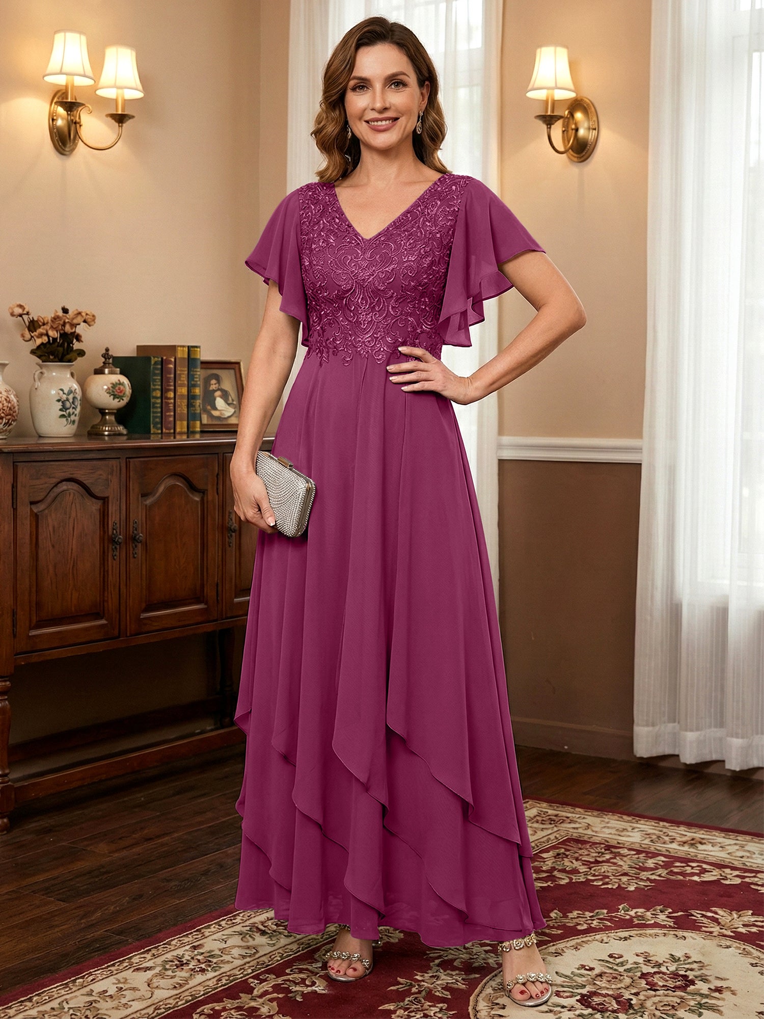 A-line V-Neck Ankle-Length Lace Chiffon Mother of the Bride Dress With Cascading Ruffles