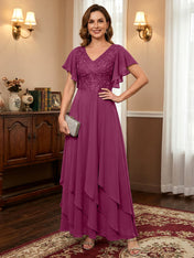 A-line V-Neck Ankle-Length Lace Chiffon Mother of the Bride Dress With Cascading Ruffles