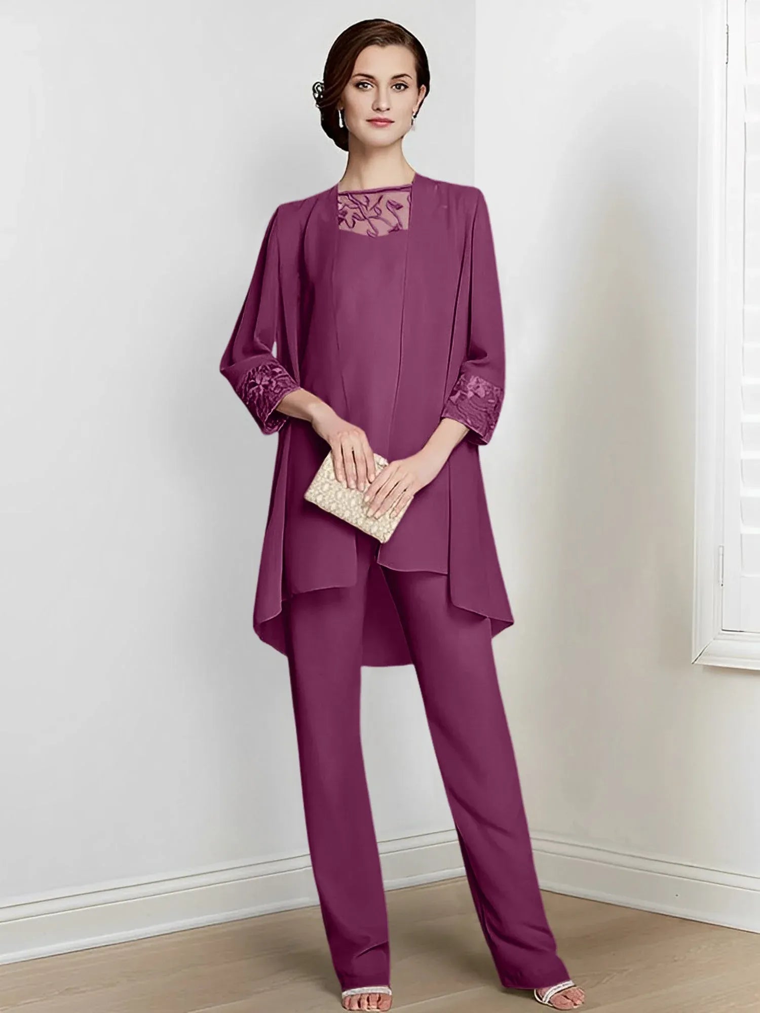 Tailleur-pantalon en mousseline à manches longues pour mère de la mariée avec veste 