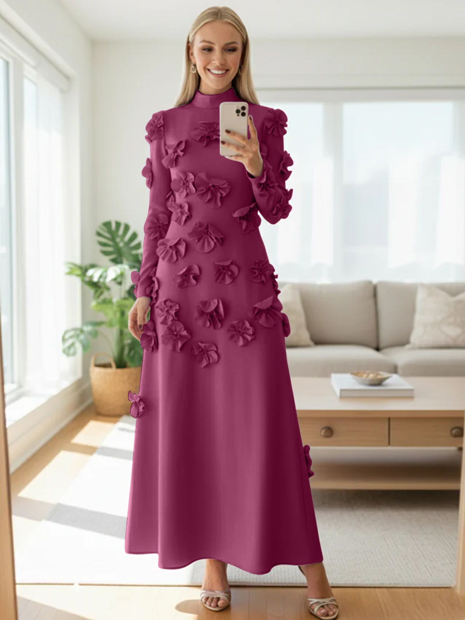 A Line High Neck Long Sleeves Floor Length Stretch Crepe Dress With 3D Flowers