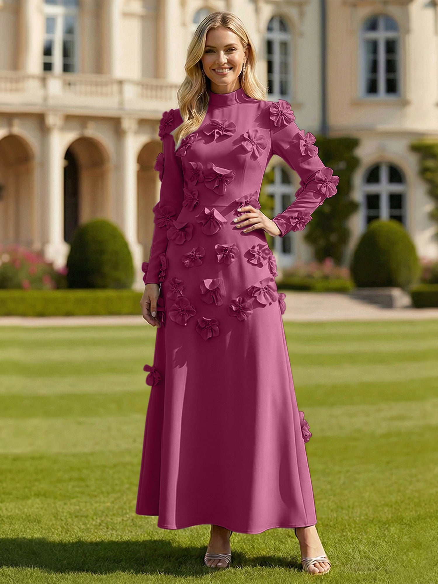A Line High Neck Long Sleeves Stretch Crepe Dress With 3D Flowers