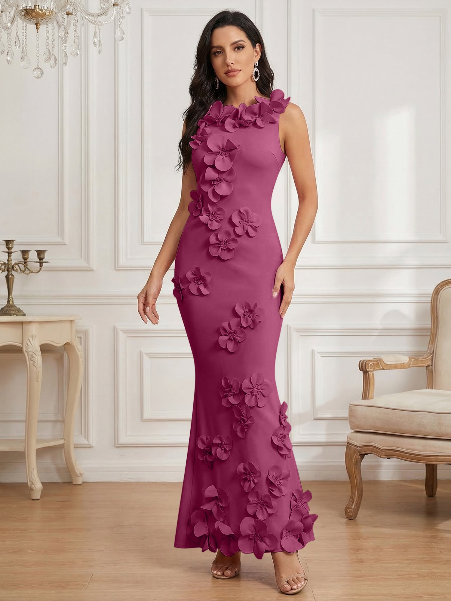 Romantic Pink Sleeveless 3D Floral Mermaid Gown