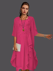 Two Piece A-Line Chiffon Lace Sleeveless Jacket Dresses with Pleats Appliques