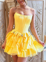 Yellow A-Line Strapless Short Satin Homecoming Dress With Bowknot