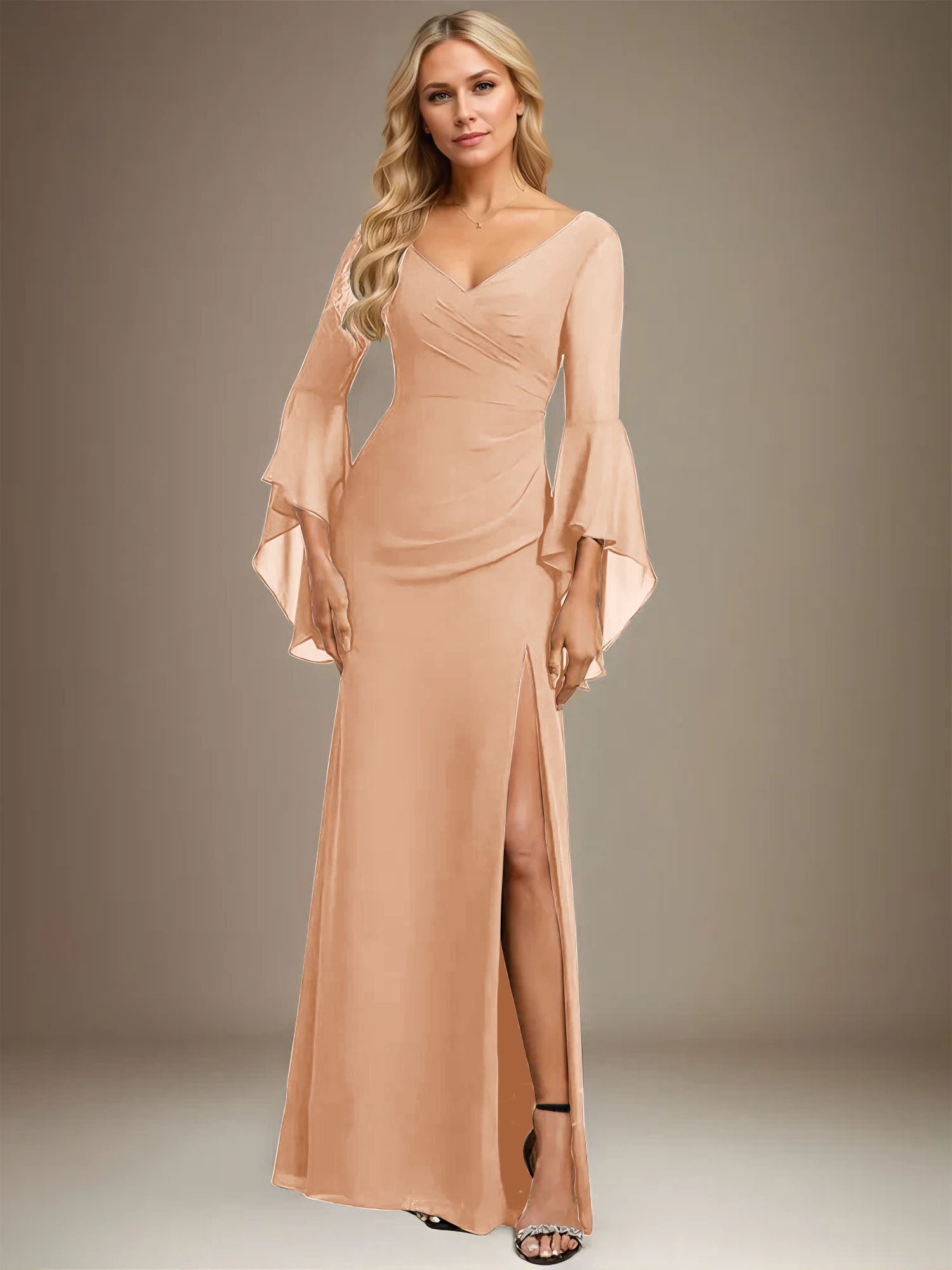 Column V-Neck Floor-Length Chiffon Dress With Pleated