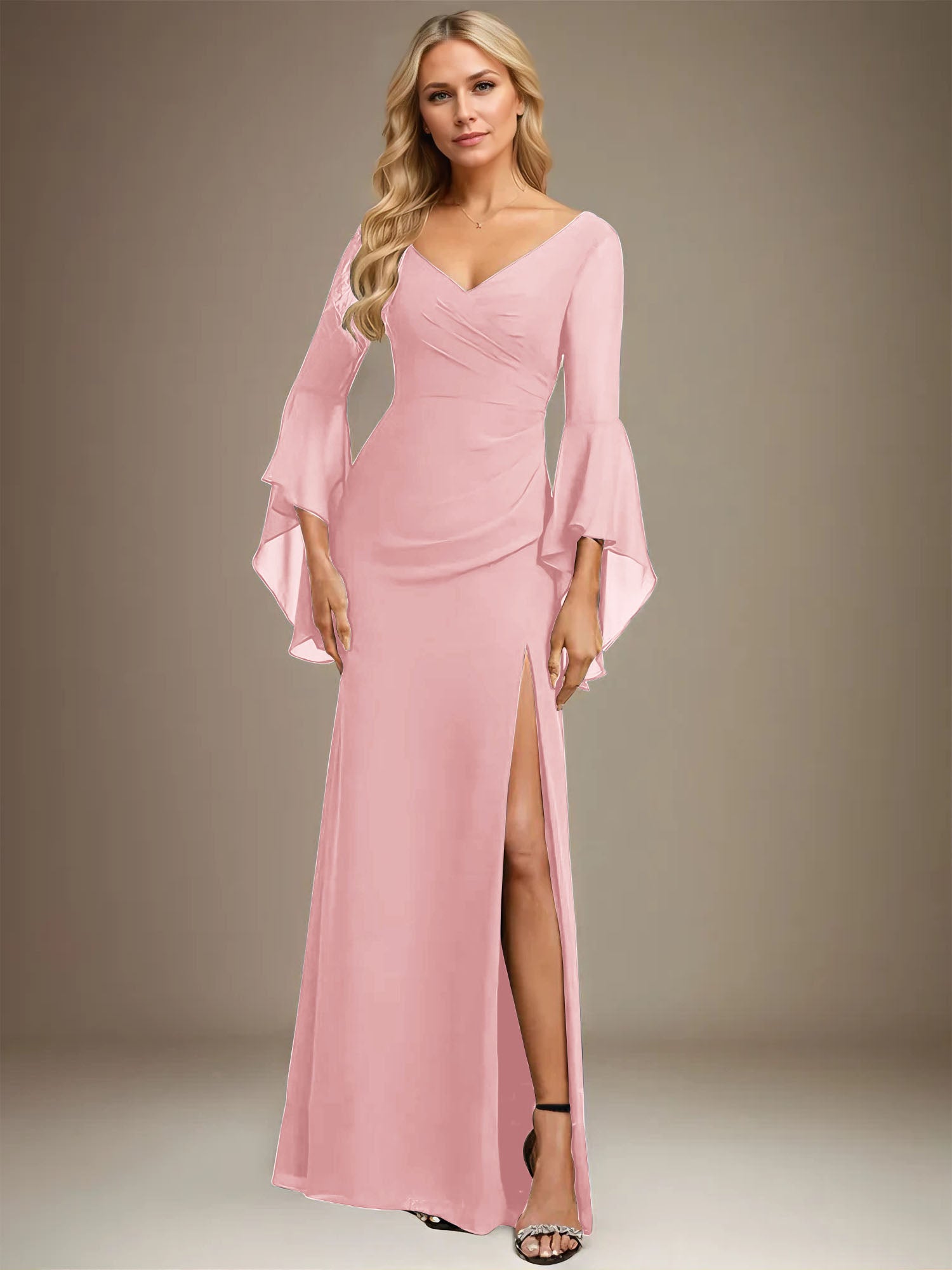 Column V-Neck Floor-Length Chiffon Dress With Pleated