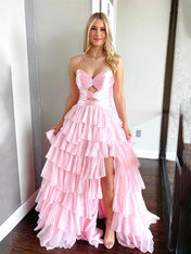 Hot Pink Strapless Cutout Tiered Ruffle Long Prom Dress with Slit