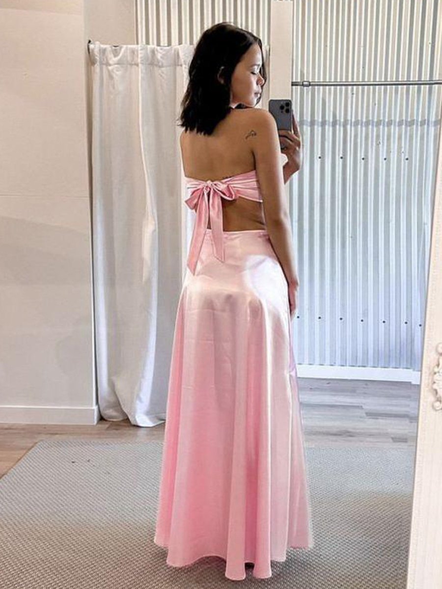 Pink A Line Strapless Back Tie Satin Long Prom Dress