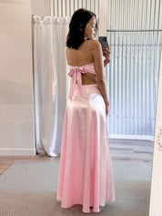 Pink A Line Strapless Back Tie Satin Long Prom Dress