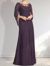 A-line Scoop Illusion Floor-Length Lace Chiffon Mother of the Bride Dress With Pleated Sequins