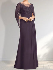 Robe de mère de la mariée trapèze en mousseline de soie et dentelle, longueur au sol, avec décolleté en V et paillettes plissées