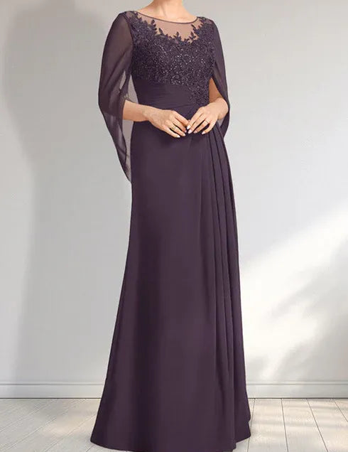 Robe de mère de la mariée trapèze en mousseline de soie et dentelle, longueur au sol, avec décolleté en V et paillettes plissées
