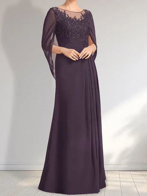 Robe de mère de la mariée trapèze en mousseline de soie et dentelle, longueur au sol, avec décolleté en V et paillettes plissées