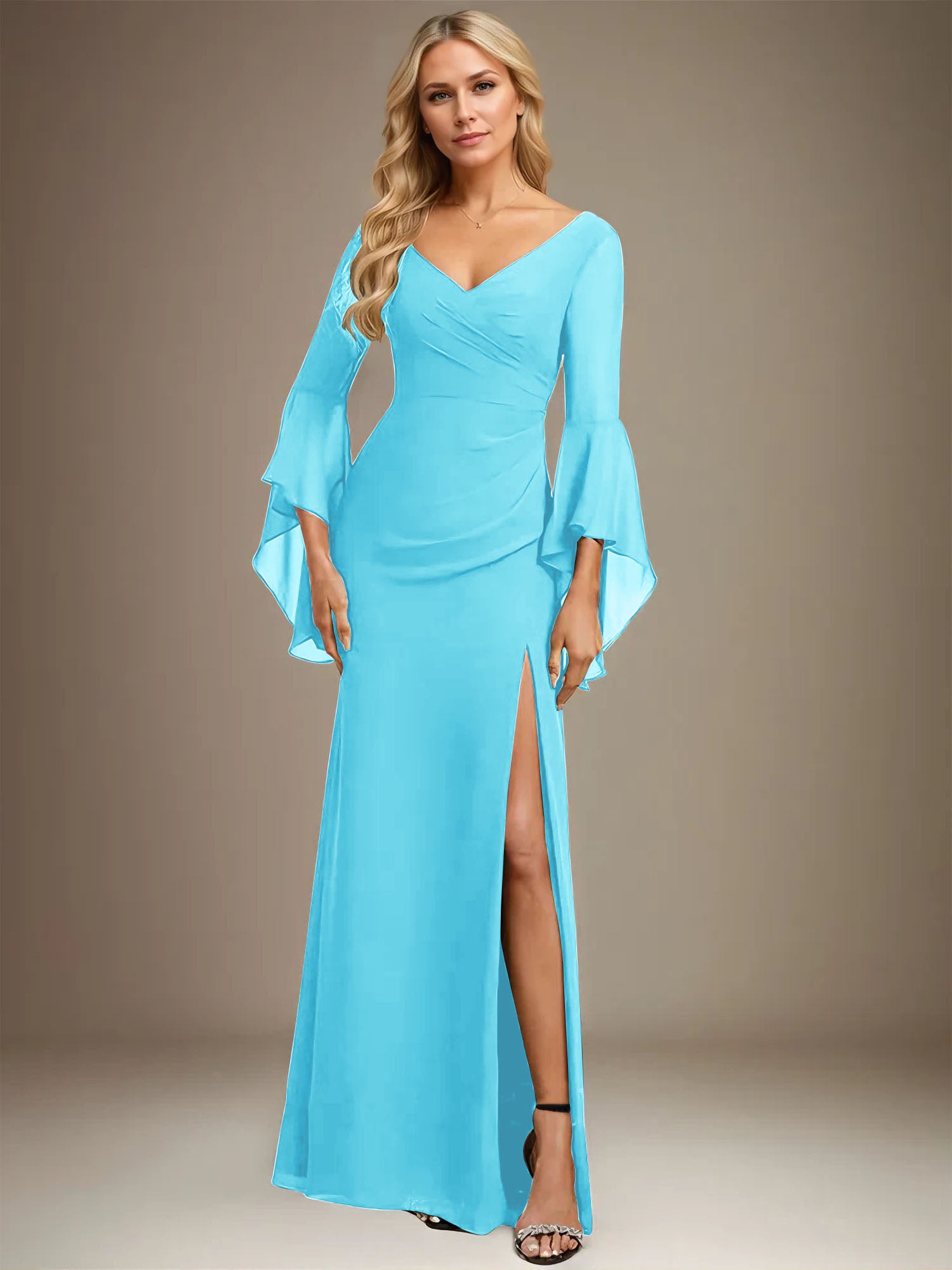 Column V-Neck Floor-Length Chiffon Dress With Pleated