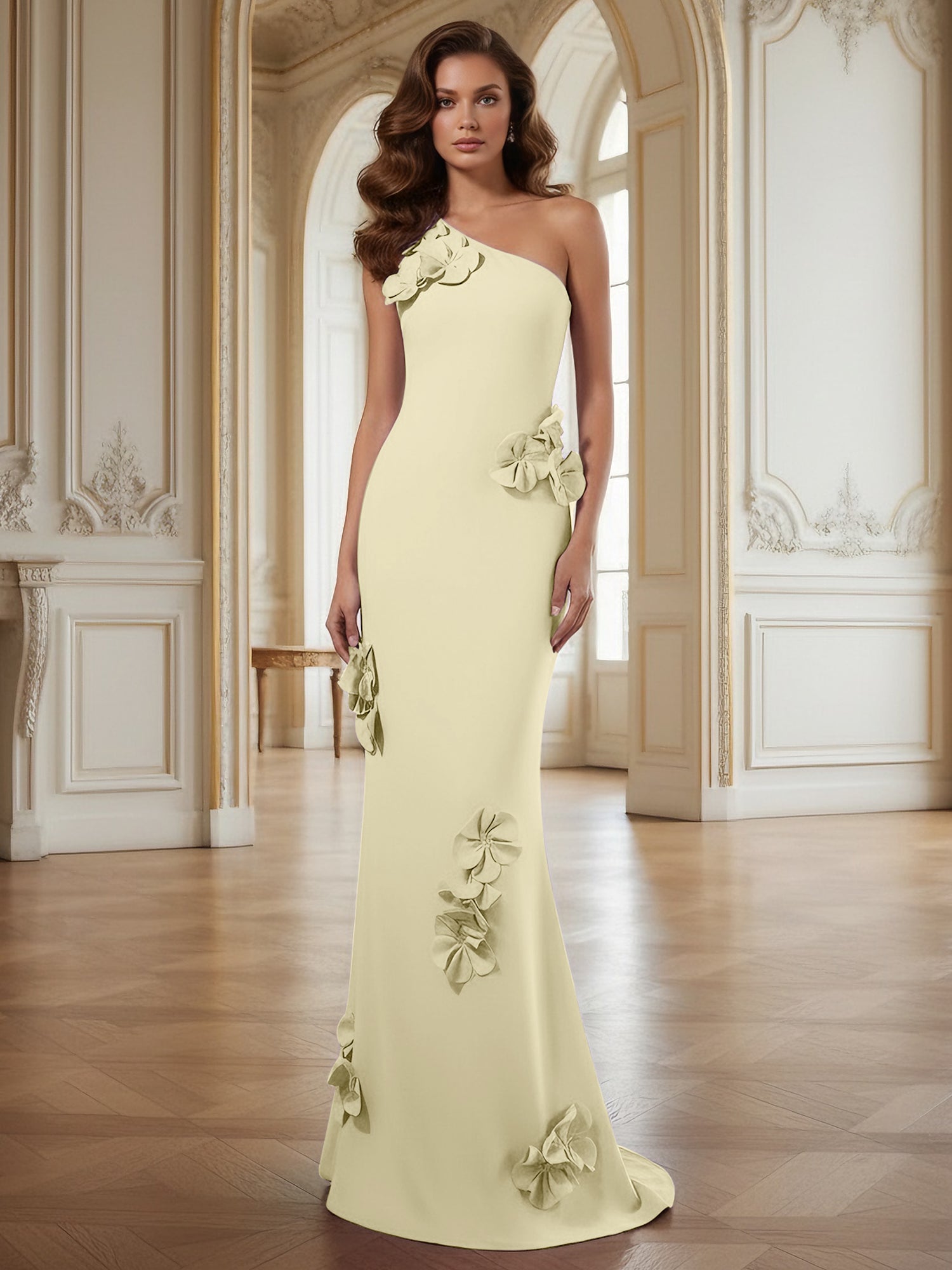 Cream One-Shoulder Prom Dress with Sculptural 3D Floral Appliqués