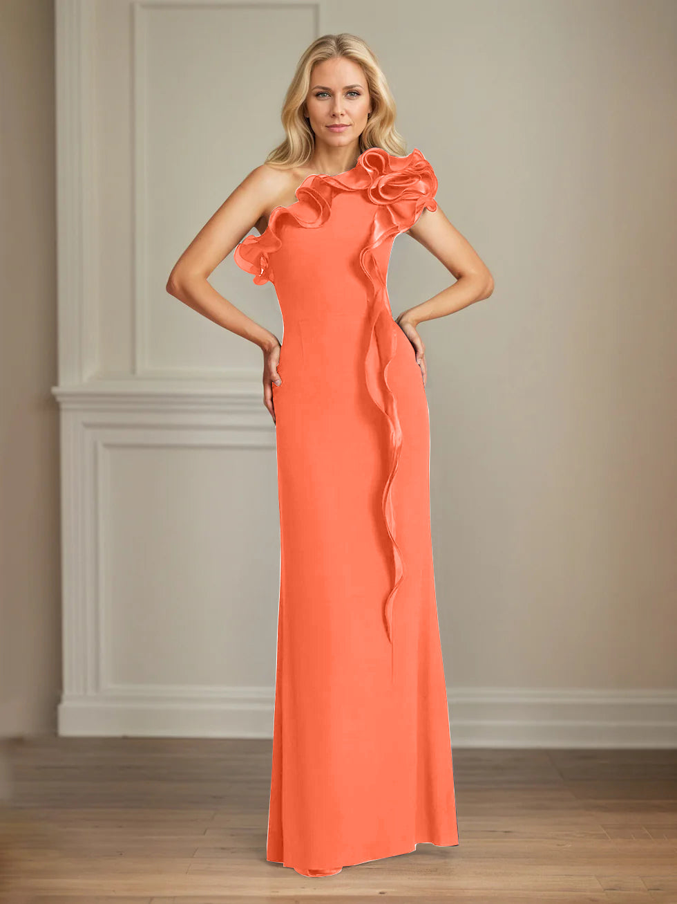 Column One Shoulder Floor Length Mother of the Bride Dresses With Ruffles