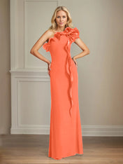 Navy Stretch Crepe Sheath/Column One Shoulder Floor Length Mother of the Bride Dresses With Ruffles