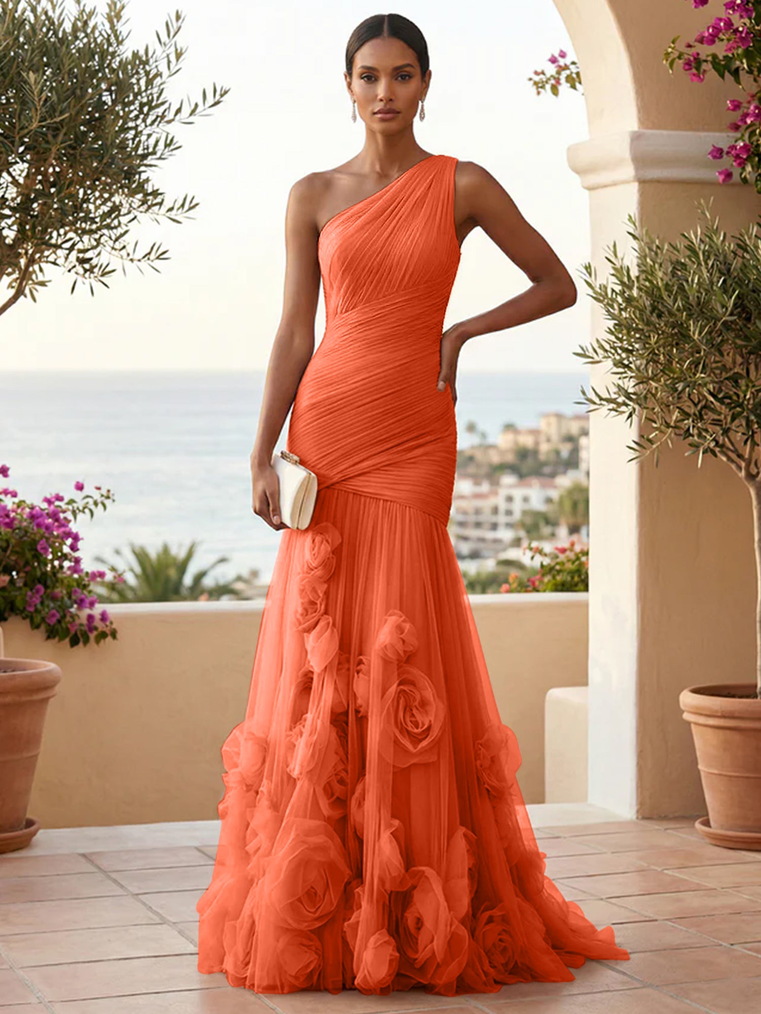 Sweetheart Tulle Pleat One Shoulder Mermaid Evening Dresses Gown with 3D Flower