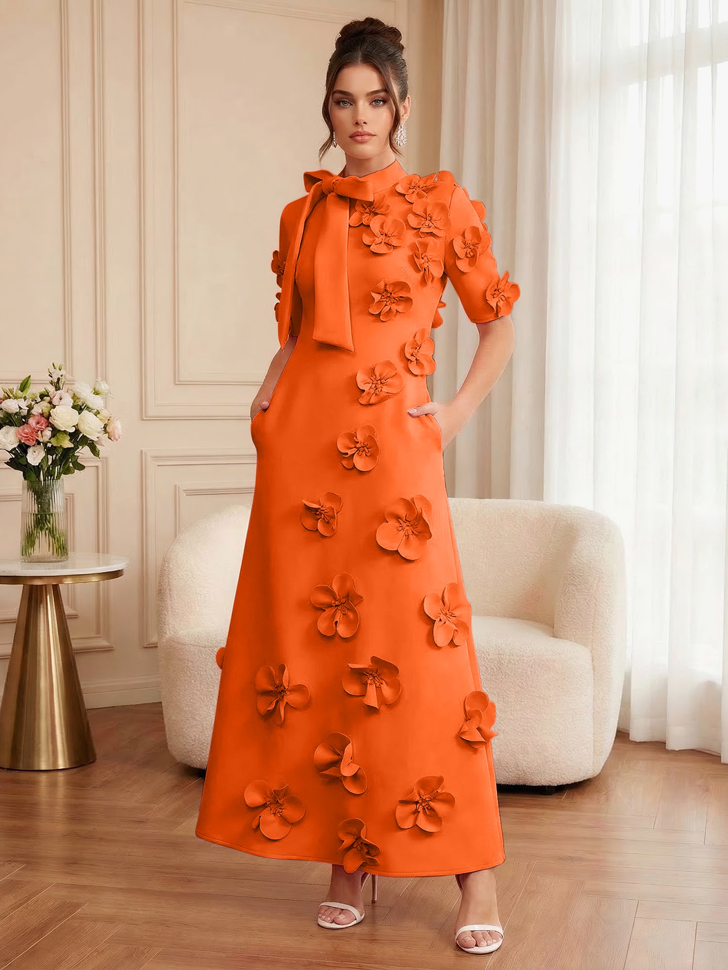 Pink Short Sleeve 3D Floral Maxi Dress Gown