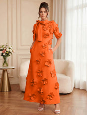 Pink Short Sleeve 3D Floral Maxi Dress Gown