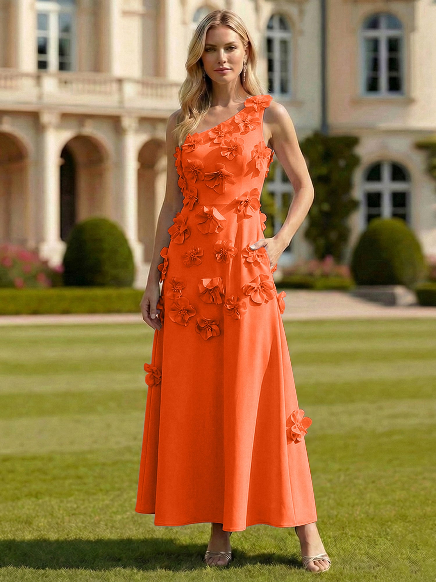 A Line One Shoulder Sleeveless Floor Length Stretch Crepe Dress With 3D Flowers