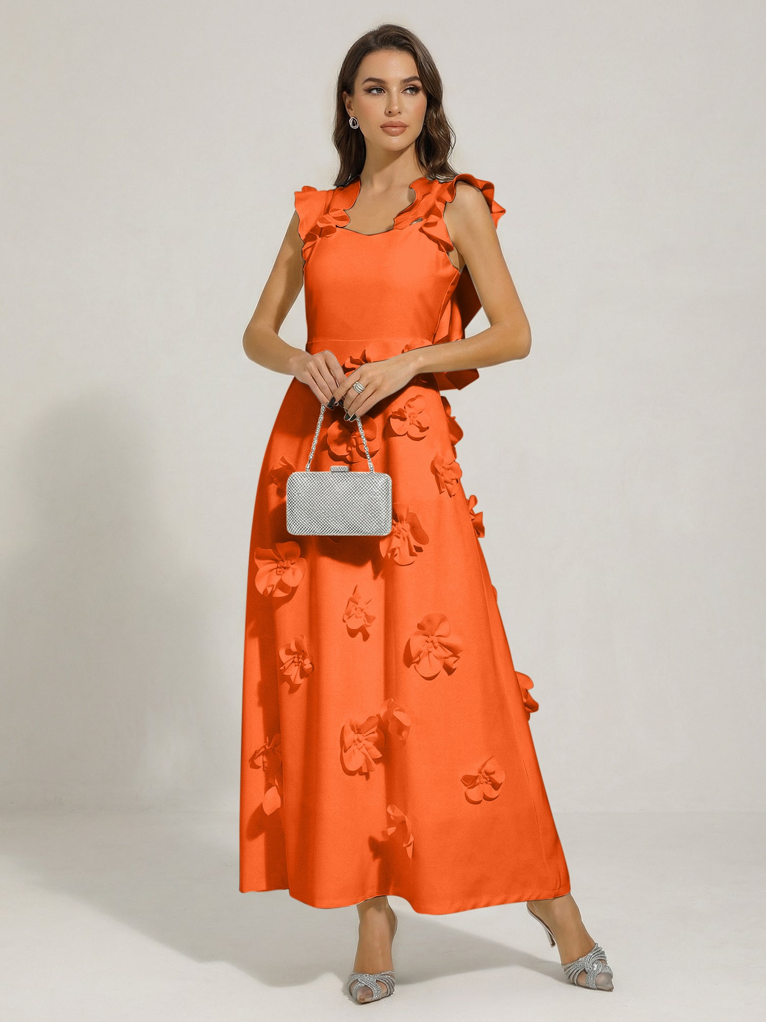 Chic White 3D Flowers A-Line Floor Length Stretch Crepe Dress with Pockets Maxi Dress