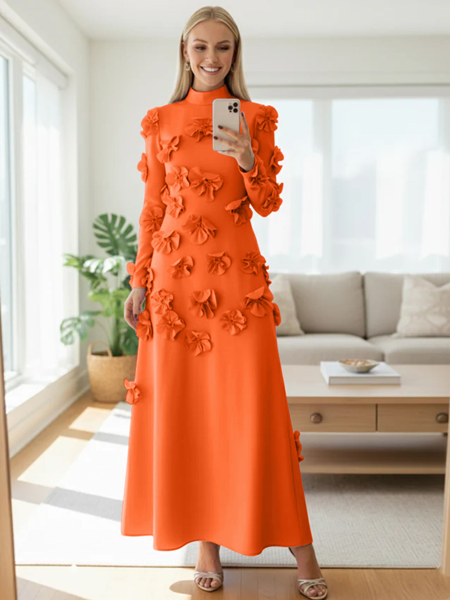 A Line High Neck Long Sleeves Floor Length Stretch Crepe Dress With 3D Flowers